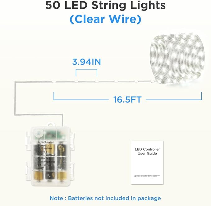 Battery Operated String Lights (4 PACK), 16.5ft 50 LED Twinkle Fairy String Lights Battery Powered with Auto Timer for Indoor Outdoor Christmas Trees Wreath Decoration Party Bedroom Garden- Cool White