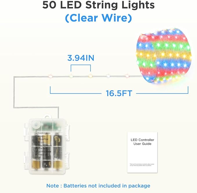 Battery Operated String Lights, 16.5ft 50 LED Twinkle Fairy String Lights Battery Powered with Auto Timer for Indoor Outdoor Christmas Trees Wreath Decoration Party Bedroom Garden - Multicolor