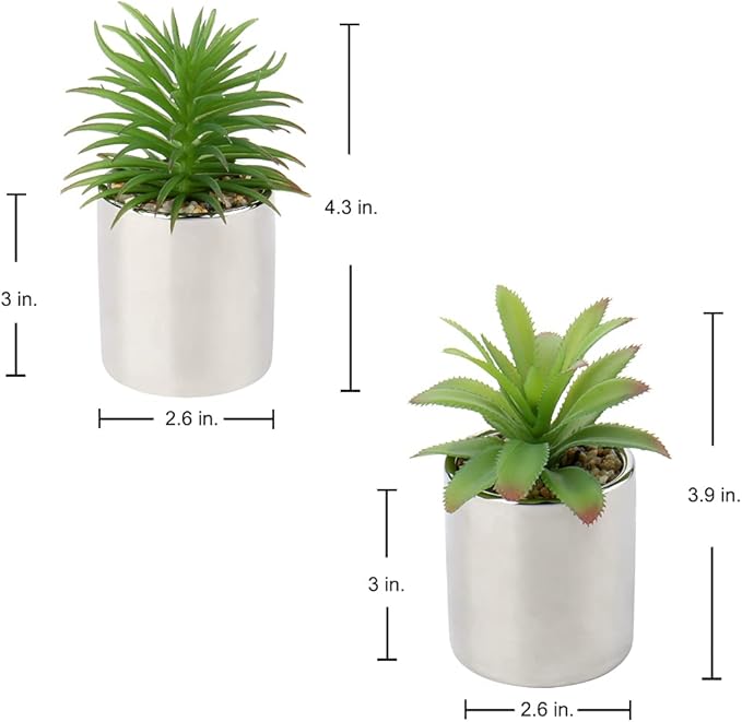 Briful Small Artificial Succulents in Pots Set of 2 Realistic Faux Succulents Plants with Silver Ceramic Pots Cute Mini Fake Plants Decor for Modern Home Table Office Desk Bathroom Shelf Decoration
