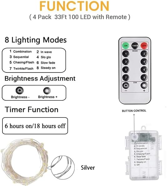4 Pack 100 LED Fairy Lights Battery Operated with Remote, 33FT Waterproof Twinkle Lights with Timer & 8 Modes, Fairy String Lights Outdoor Indoor for Bedroom St Patrick's Day Decor (Green)