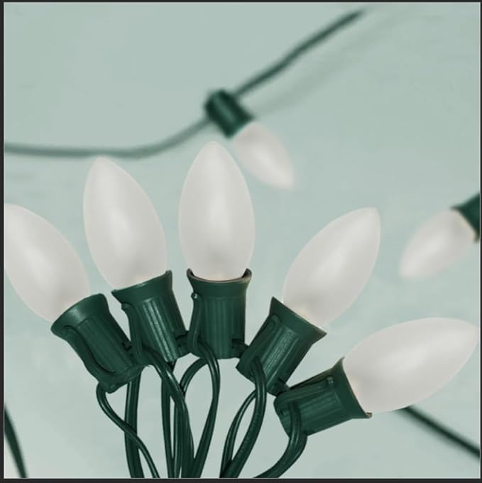 25Ft Frosted White Christmas Lights C9 Vintage Christmas String Lights with 26 Frosted White Bulbs(1 Spare) Hanging Outdoor String Lights for Patio Holidays Christmas Prom Party Wedding- Green Wire