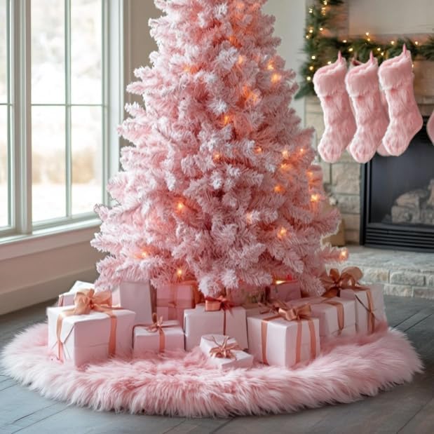 AOGU 3 Pack 19 Inch Pink Christmas Stockings Faux Fur Xmas Christmas Stockings Hanging Ornaments Candy Gift Bags for Christmas Decorations
