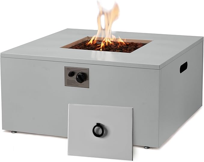 ECOTOUGE 32 Square Propane Fire Pit Table, 50,000 BTU Outdoor Gas Fire Pit with Lid, Steel Fireplace w/Weather-Resistant Pit Cover, Lava Rocks for Patio, CSA Certified, Grey