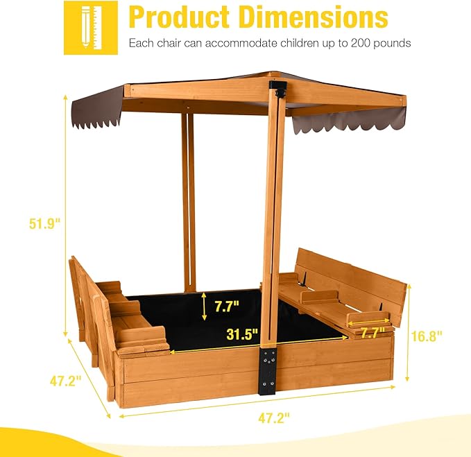 AIVITUVIN Sandbox with Lid, Sand Boxes for Kids Outdoor, 47.2 Inch Sand Pit with 2 Foldable Bench Seats, UV Resistant & Adjustable Height Roof, Gift for Kids Ages 4-8