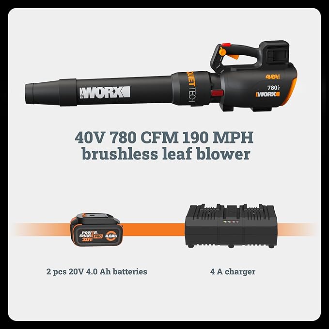 WORX Cordless Leaf Blower, Electric Blower with 780 CFM & 190 MPH, Brushless Lawn Blower with Gas-Like Power & 57 dB, 2 ¡¿ 4.0 Ah Batteries & Charger Included, WG582