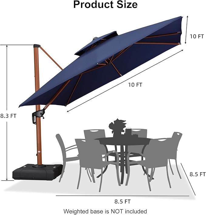 PURPLE LEAF 10ft Patio Umbrella Outdoor Square Umbrellas Large Cantilever Umbrella Windproof Offset Umbrellas Heavy Duty Sun Umbrella for Garden Deck Pool Patio, Navy Blue