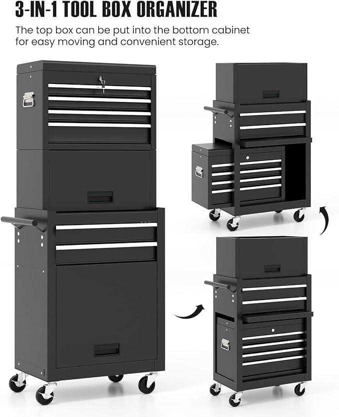 ARNOT 2-in-1 Rolling Tool Chest with 5 Drawers, Heavy-Duty Metal Tool Box with Wheels, Detachable Top Tool Box & Rolling Tool Cabinet for Garage, DIY (6-Drawers Whith Middle Box, Black)