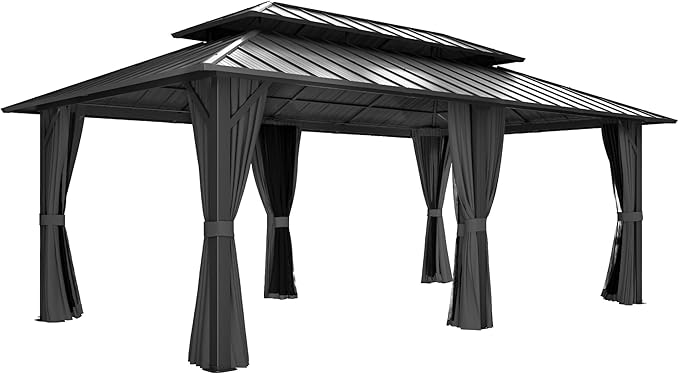 12' x 20' Hardtop Gazebo, Aluminum Frame Gazebo with Double Galvanized Steel Roof, Outdoor Permanent Pavilion with Netting & Curtains for Backyard, Garden, or Deck, Grey