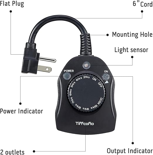 TiFFCOFiO Outdoor Christmas Light Timer, Dusk to Dawn Sensor Countdown, Outdoor Timers for Electrical Outlets Waterproof, 2 Grounded Outlets for Christmas Lights, 15A 1/2HP, CSA Listed (2 Pack)