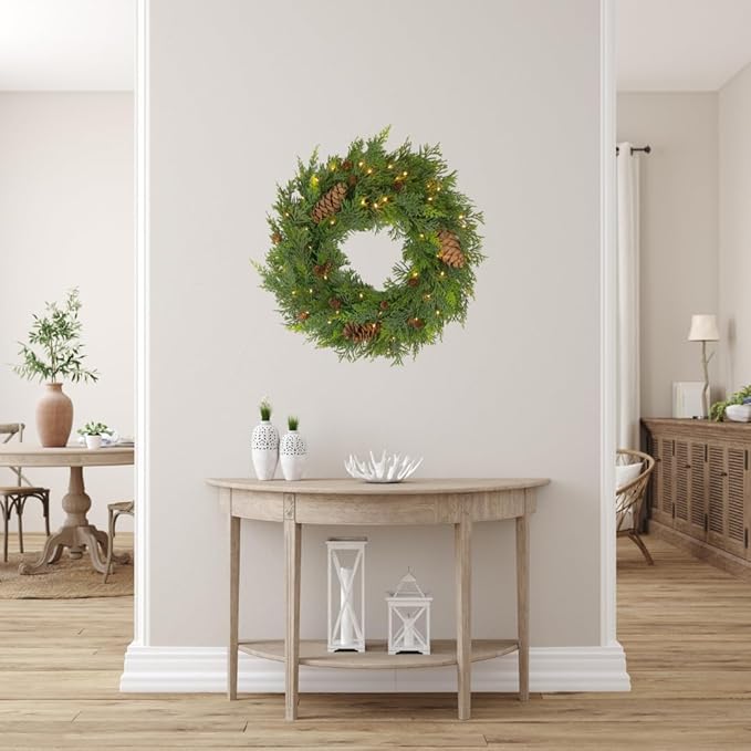 8 Foot Prelit Natural Garland with 50 Warm White LED Lights with Timer Function | Realistic Cedar and Mixed Greenery Holiday Decoration, for Front Door, Mantel, and Home Decor