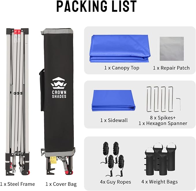 CROWN SHADES 12x12 Pop Up Canopy Tent Instant Commercial with 150D Silver Coated Fabric Including 1 Removable Sidewall, 4 Ropes, 8 Stakes, Weight Bags, STO 'N Go Bag, Blue