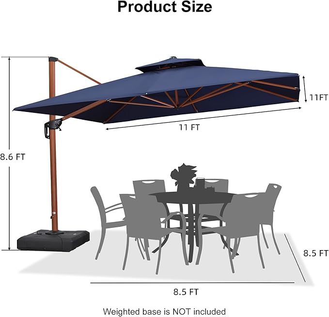 PURPLE LEAF 11ft Patio Umbrella Outdoor Square Umbrella Large Cantilever Umbrellas Windproof Offset Umbrellas Heavy Duty Sun Umbrella for Garden Deck Pool Patio, Navy Blue