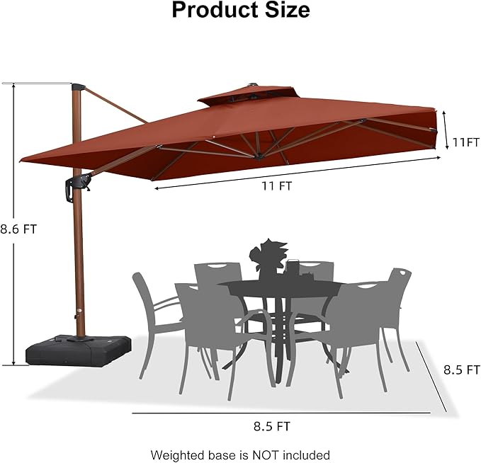 PURPLE LEAF 11ft Patio Umbrella Outdoor Square Umbrella Large Cantilever Umbrellas Windproof Offset Umbrellas Heavy Duty Sun Umbrella for Garden Deck Pool Patio, Brick Red
