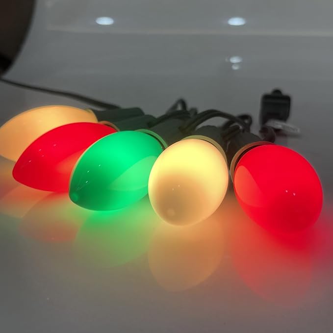 C9 LED Christmas Lights Outdoor 25Ft Outdoor Christmas Decorations String Lights Waterproof with 26 C9 LED Red White and Green Bulbs, Hanging Vintage Christmas Light for Garden Party Pathway Roofline