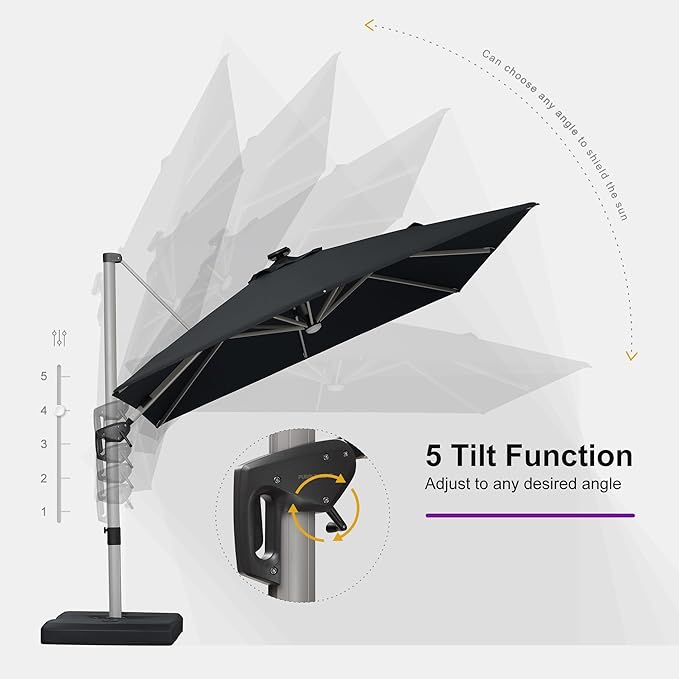 PURPLE LEAF Patio Umbrella with base 10 Feet Outdoor Square Cantilever Umbrella Solar Powered LED with 360-degree Rotation for Garden Deck Pool Patio, Black