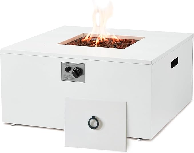ECOTOUGE 32 Square Propane Fire Pit Table, 50,000 BTU Outdoor Gas Fire Pit with Lid, Steel Fireplace w/Weather-Resistant Pit Cover, Lava Rocks for Patio, CSA Certified, White