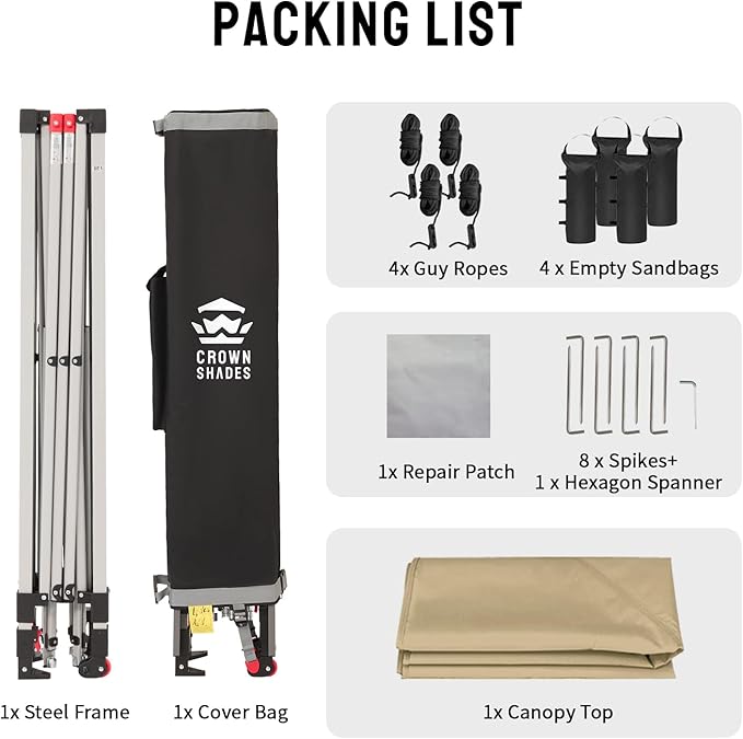 CROWN SHADES 12x12 Pop Up Canopy Outside Canopy, Patented One Push Tent Canopy with Wheeled Carry Bag, Bonus 8 Stakes and 4 Ropes, Beige
