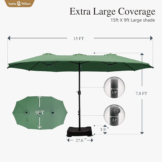 Sophia & William 15 ft Extra Large Patio Umbrella with Base Included, Rectangular Outdoor Umbrella Heavy Duty, Market Umbrella Double-sided Fade Resistant for Pool Garden Backyard, Mint