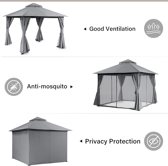 LAUSAINT HOME Semi-Permanent Patio Gazebo 10'x10' with Expansion Bolts, Outdoor Heavy Duty Party Tent with Double Roof, Mosquito Nettings and Privacy Screens for Backyard, Garden, Lawn, Smoke Grey