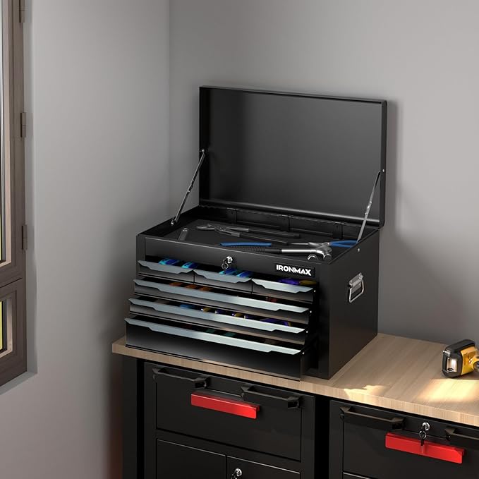 Goplus Tool Box, 24¡± 6-Drawers Steel Tool Chest w/Top Tool Tray,Automatic Lock, Protective Liners, Handle, Smooth Ball Bearing Sides, Portable Tool Storage Organizer, Toolbox for Garage Workshop