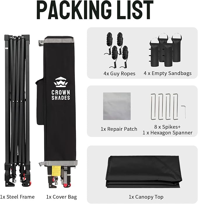 CROWN SHADES 10x10 Pop Up Canopy Tent - Patented Center Lock One Push Instant Outdoor Canopy Beach Tent with STO-N-Go Bag 8 Stakes & 4 Sand Bags,Black