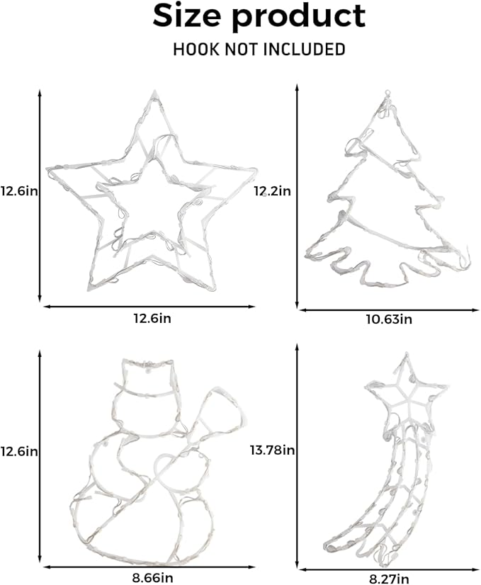 12'' Smart Christmas Window Lights 4 Pack, Color Changing Window Silhouette Lights, Timer, App Control, Music Sync, Xmas Trees, Snowmen, Star, Lighted Christmas Decorations for Indoor Outdoor