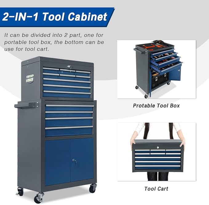 13-Drawer Tool Chest with Double Door and Wheels, Large Detachable Tool Box with Sliding Drawers, Mechanic Toolbox Storage Cabinets, Metal Tool Cart for Garage Workshop (Blue£¦Grey)
