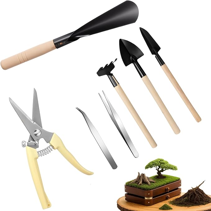 Frienda 7 Pcs Bonsai Tree Kit Garden Bonsai Tools Set Includes Pruning Shears, Mini Rake, Flat Tip Shovel, Pointed Shovel, Spade, Tweezers Gardening Accessories Gift for Beginner Mother Women Men