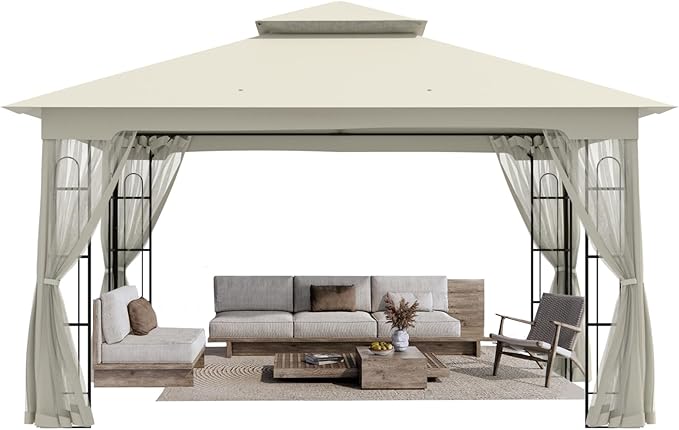10x12 Outdoor Gazebo Tent with Netting, Double Roof Patio Gazebo with Soft Fabric Top, Outdoor Pavilion for Backyard Patio Garden Lawn, Beige