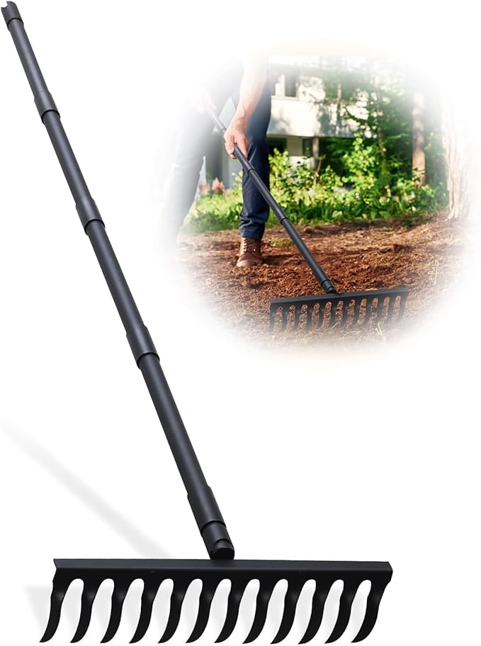 Pragmatist Bow Rake Heavy Duty 60 Metal Head Garden Rake with Adjustable Stainless Steel Handle Garden Tool for Loosening Soil Leveling Mulch Gathering Leaf