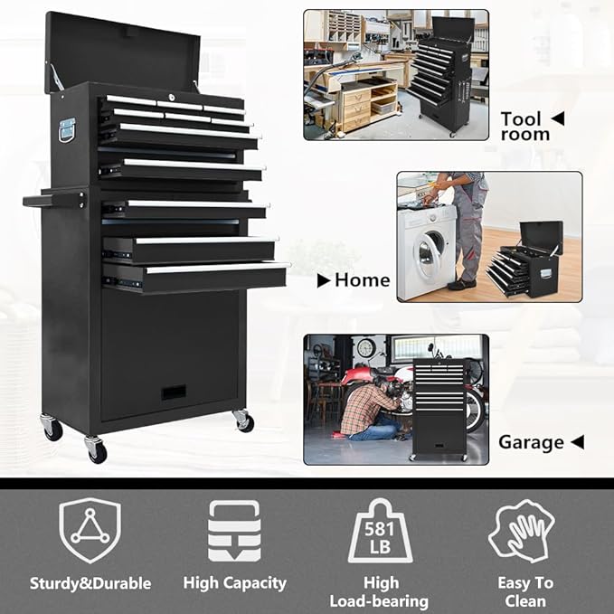 13-Drawer Tool Chest with Wheels,2 in 1 Detachable Rolling Tool Chests with Drawers,Large Tool Box with Lock,Mobile Steel Tool Cabinet Storage for Warehouse,Garage-Black