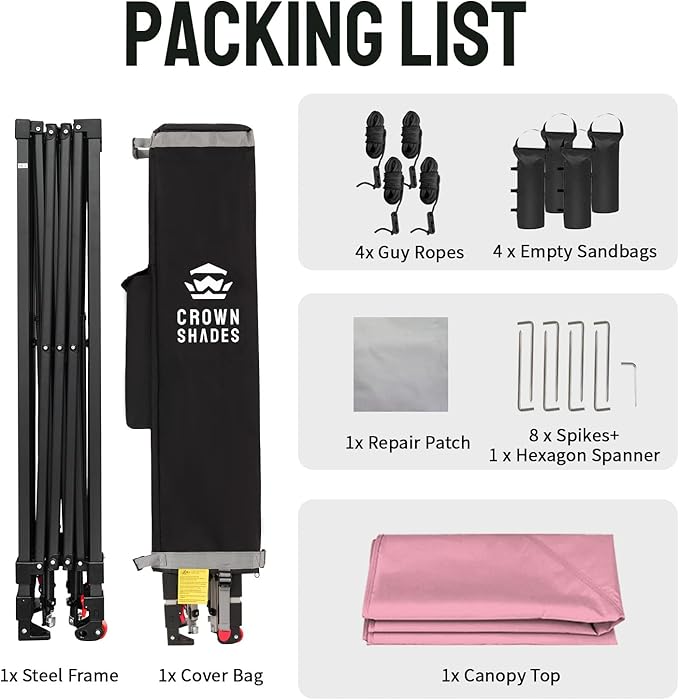 CROWN SHADES 10x10 Pop Up Canopy Tent - Patented Center Lock One Push Instant Outdoor Canopy Beach Tent with STO-N-Go Bag 8 Stakes & 4 Sand Bags,Pink