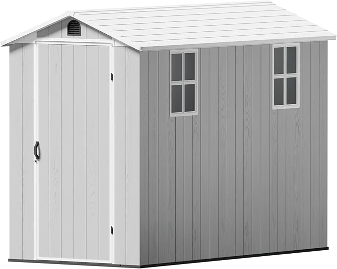 Greesum 4x8FT Plastic Outdoor Storage Shed with Floor, Resin Storaged Sheds with Lockable Door, Window & Vent, All-Weather Tool Sheds for Garden, Backyard, Patio, Light Gray (One-Piece Panel)