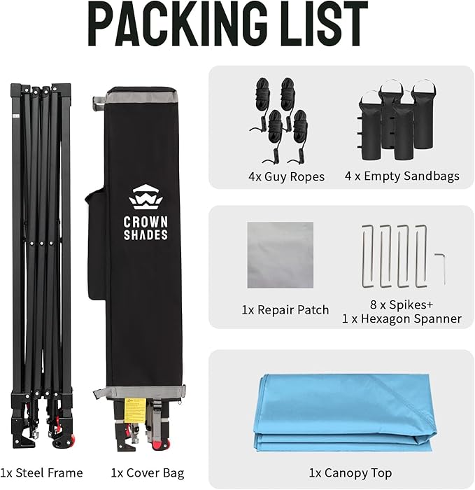 CROWN SHADES 10x10 Pop Up Canopy Tent - Patented Center Lock One Push Instant Outdoor Canopy Beach Tent with STO-N-Go Bag 8 Stakes & 4 Sand Bags,Sky Blue