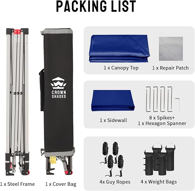 CROWN SHADES 10x10 Pop Up Canopy with 1 Side Wall - Beach Tent with One Push Setup - Outdoor Sun Shade for Events, Parties, Camping - Gazebo with STO-N-Go Cover Bag (Navy Blue)