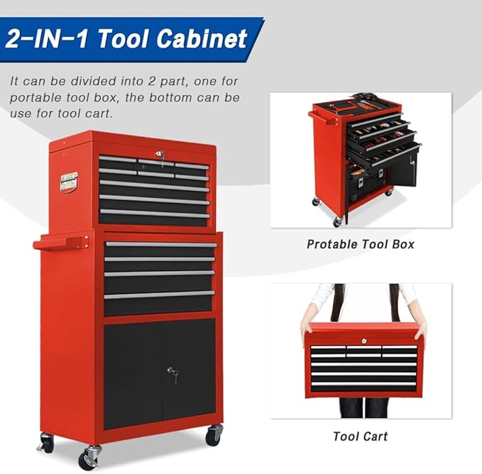 13-Drawer Rolling Tool Chest with Double Door, Extra Large Storage Cabinets with Tool Box, 2-in-1 Detachable Design, 600 lbs Capacity with Lockable Wheels for Garage, Mechanic & Home Use (Red£¦Black)