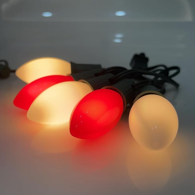 25Ft LED C9 Red and White Christmas Lights Outdoor, C9 Vintage Christmas Lights with 26 LED Red and White Bulbs, Hanging Outdoor String Lights for Patio Outside Holidays Party Xmas Roofline Wedding