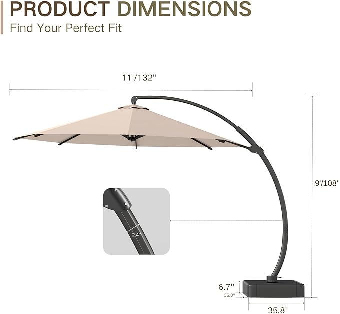 Kingdura 11ft Offset Cantilever Patio Umbrella with Base Included, Large Round Aluminum Outdoor Umbrella, 360° Rotation & Infinite Tilt, Heavy Duty Frame for Deck Pool Backyard, Beige