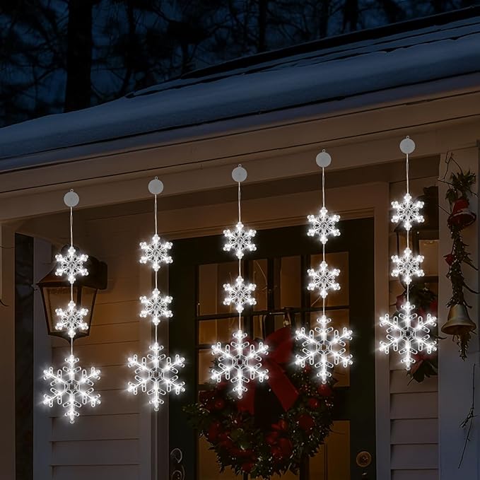 5Pcs Christmas Window Lights, Battery Powered Twinkle Lights Christmas Decorations Indoor Outdoor for Wall Door Porch Balcony Glass Decor with Suction Cup & Timer