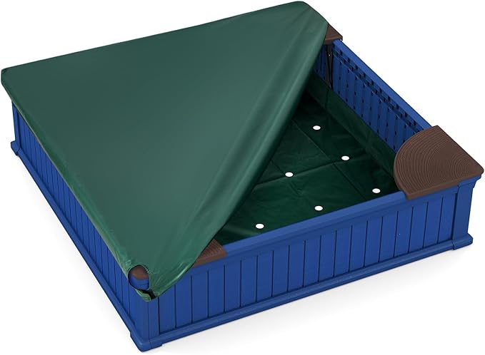 Costzon Kids Sandbox with Cover, 4ft x 4ft HDPE Sandpit with Oxford Cover, Bottom Liner, 4 Corner Seats, Weather Resistant Outdoor Sand Pit for Backyard Lawn Garden Beach (Navy)