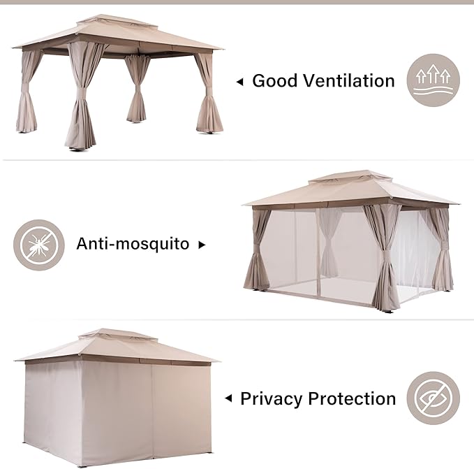 LAUSAINT HOME Semi-permanent Patio Gazebo 10'x13' with Expansion Bolts, Outdoor Heavy Duty Party Shelter with Double Roof, Mosquito Nets and Privacy Screens for Backyard, Garden, Lawn, Champagne Khaki