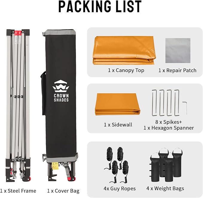 CROWN SHADES 10x10 Pop Up Canopy with 1 Side Wall - Beach Tent with One Push Setup - Outdoor Sun Shade for Events, Parties, Camping - Gazebo with STO-N-Go Cover Bag (Orange)