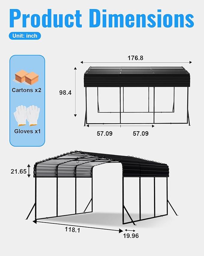 10x15FT Metal Carport, Heavy Duty Carport with Reinforced Frame & Side Support Poles for All-Weather, Outdoor Car Port Suitable for Parking Pickup, Boat, Car, and Tractor