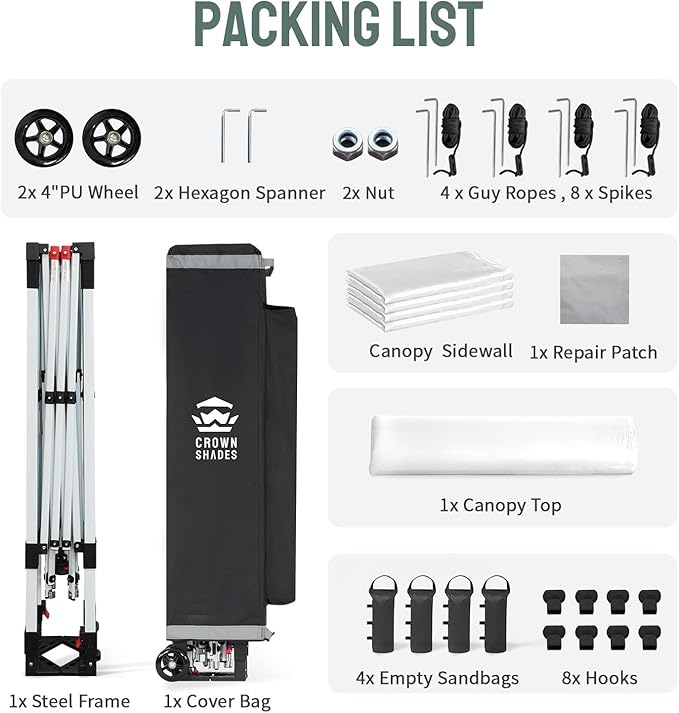 CROWN SHADES 10x10 Pop Up Canopy Tent Instant Commercial 1-Person Setup Patended Centerlock with 400D Fabric, 4 Sidewalls, 4" Wheels, 4 Upgraded Weights, Sto'N Go Bag, White