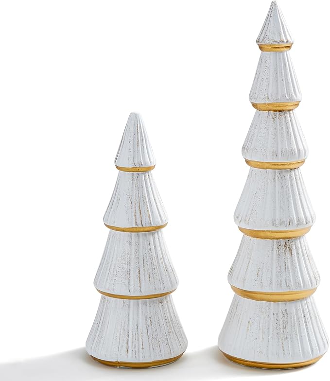 WONDROUS' DECO Christmas Tree Figurine Decor Tabletop White and Gold, Set of 2 Wooden Artificial Xmas Tree Decorations, Vintage Christmas Trees for Tables Centerpiece Home Farmhouse Mantel