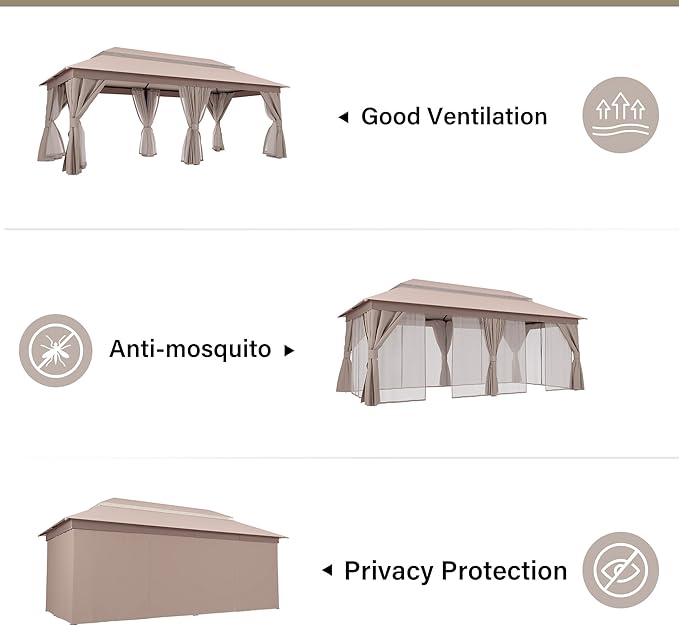 LAUSAINT HOME Semi-Permanent Patio Gazebo 10'x20' with Expansion Bolts, Outdoor Heavy Duty Party Tent with Double Roofs, Nettings and Privacy Screens for Backyard, Garden, Lawn, Champagne Khaki