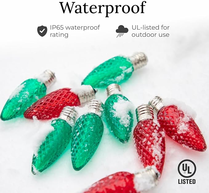 Pro Christmas C9 LED U Shape Flexible Filament Bulb - Pro Pack of 25 Bulbs - Energy Efficient Outdoor Waterproof Lighting for Holiday Decor, Christmas Trees - Green