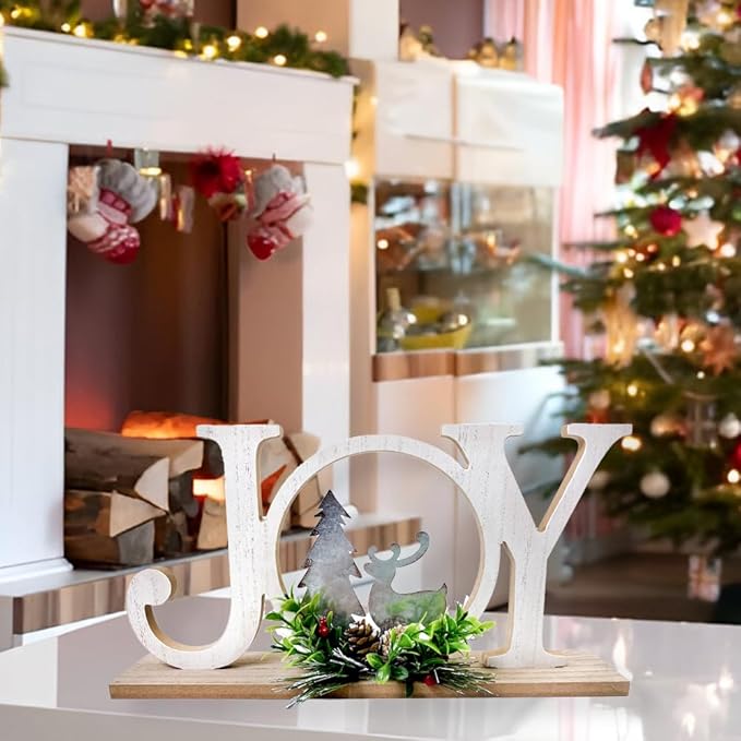 Christmas Table Decorations Joy Farmhouse Christmas Tree Elk Sign Wooden Winter Rustic Decor Vintage Holiday Block for Home Kitchen Xmas Party Mantel Tiered Tray Gift