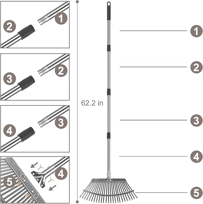 KeFanta Garden Leaf Rakes, Rake for Leaves Heavy Duty 25 Metal Tines 18.5 Wide, 62 Adjustable Long Handle Rakes for Lawns Yard Grass Flower Beds