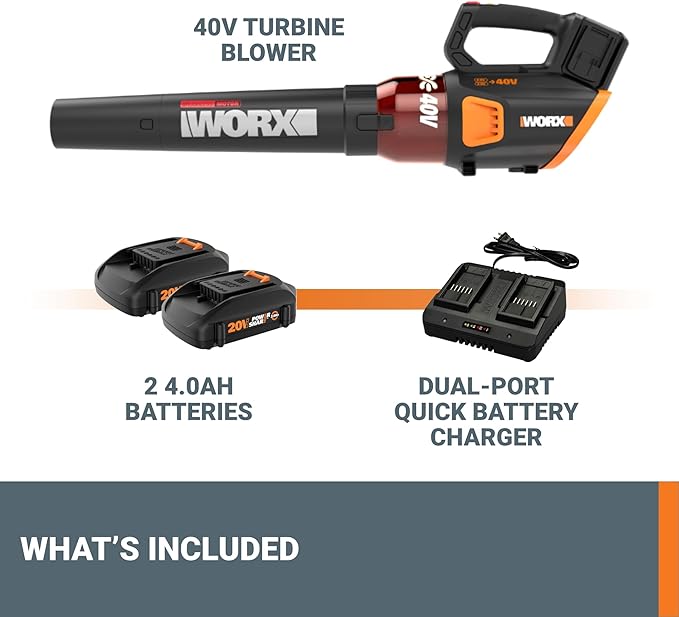 WORX Cordless Leaf Blower, Electric Blower for Lawn Care wth Brushless Motor, 2 ¡¿ 2.5 Ah Batteries & Charger Included, WG584